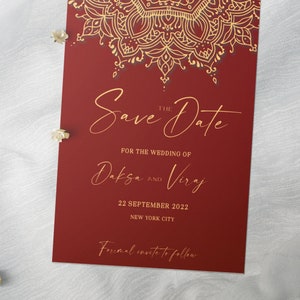 NYRA - Modèle mandala « Save the Date », pour mariage hindou, « Save the date », mariage indien, faire-part rouge et or, téléchargement numérique, modèle modifiable