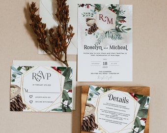 LOLA - Ensemble d'invitations de mariage d'hiver, Carte RSVP, Invitation avec RSVP, Téléchargement instantané, Modèle modifiable, Mariage de vacances, pin, baies