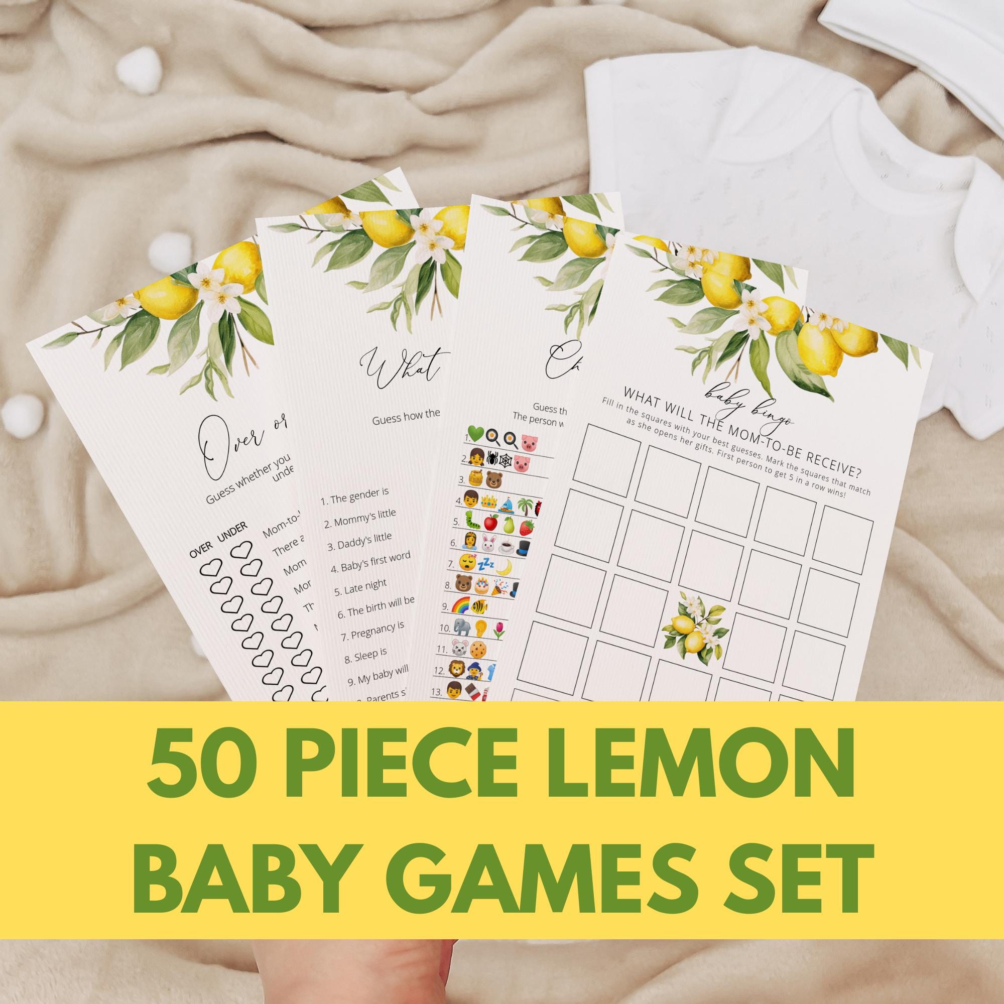 Lemon Baby Shower Games Bundle Template Set, baby bingo, Italian party theme, Editable Citrus summer baby games set