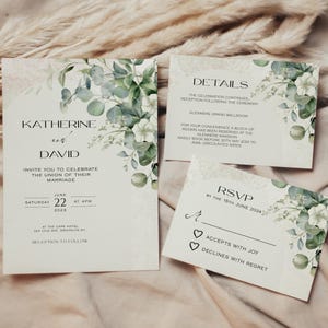 ELLA - Conjunto de convites de casamento estilo boho de eucalipto com RSVP padrão e código QR, conjunto de casamento com folhagens, download instantâneo, modelo editável
