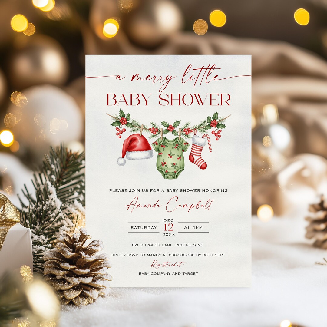 Plantilla de invitación para baby shower navideño, temática navideña ...