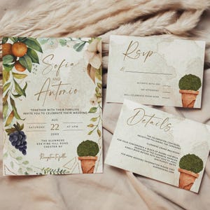 LENA - Toskanisches mediterranes Hochzeitseinladungs-Set, bearbeitbare Zitrusfrucht-Vorlage, Antwortkarte, digitaler Download für Gartenhochzeiten