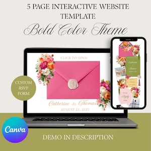 Puede incluir: Un portátil y un smartphone muestran una plantilla de sitio web de boda con un tema de color llamativo. La pantalla del portátil muestra un diseño de sobre rosa con detalles florales, el texto "Catherine & Thomas, August 23, 2027" y un botón "Custom RSVP Form".