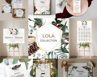 LOLA Collection - Winter Wedding Invitation Suite,Editable Wedding Templates,Instant Download, Wedding Bundle, berries and pine, wedding set