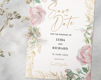 ROSE - Romantic Blush Wedding Save the Date Template, Pink and gold wedding, Instant Download, Editable Save the Date Card,Editable Template