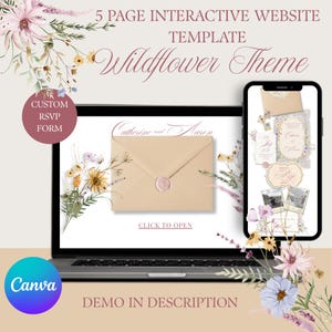 Könnte beinhalten: Ein Laptop und ein Smartphone zeigen eine Website-Vorlage mit dem floralen "Wildflower Theme". Der Laptop-Bildschirm zeigt einen Umschlag mit einem Wachssiegel. Das Smartphone zeigt Hochzeitseinladungselemente. Text enthält "Custom RSVP Form".