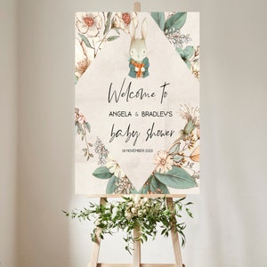 LOU - Letrero de bienvenida de inspiración antigua para baby shower con forma de conejo, letrero decorativo para baby shower, descarga digital instantánea editable, aspecto vintage