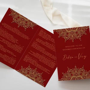 May include: A red and gold wedding invitation featuring a mandala design. The text reads "Welcome to the Wedding Ceremony of Daksa and Viraj".