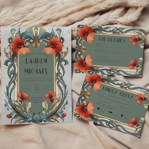 Conjunto de invitaciones de boda Art Deco verde azulado / Paquete de plantillas editables vintage con código QR RSVP / Descarga instantánea