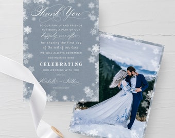 NORA - Winter Wonderland wedding photo thank you card template, Instant Download, Editable Thank You Card,Calligraphy,Snowflakes, Photograph