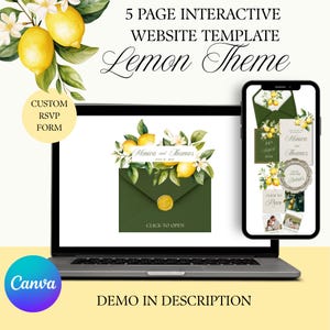 Könnte beinhalten: Ein Laptop und ein Smartphone zeigen eine Website-Vorlage mit Zitronen-Thema. Der Laptop-Bildschirm zeigt ein grünes Umschlagdesign mit Zitronen und Blumen. Das Smartphone zeigt eine Hochzeitseinladung. Text beinhaltet "5 PAGE INTERACTIVE WEBSITE TEMPLATE Lemon Theme".
