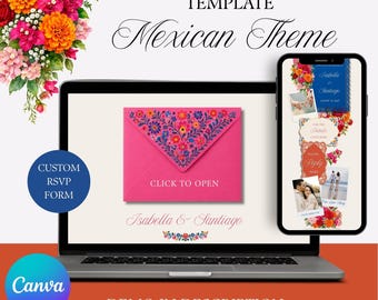 Mall för mexikansk bröllopshemsida med online-OSA | Talavera Florals redigerbar Canvas-design | Mobilinbjudan