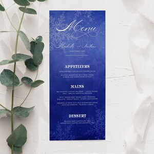 GAIA - Karta menu weselnego Winter Wonderland, Kaligrafia, Płatki śniegu, Natychmiastowe pobranie, Szablon edytowalny, Ślub DIY, Menu świąteczne