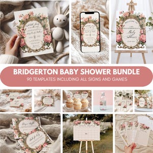 May include: A baby shower bundle with 90 templates, including signs and games. The design features floral arrangements and gold frames. The bundle includes invitations, a welcome sign, and other decorative elements. The color palette includes pink, white, and gold.