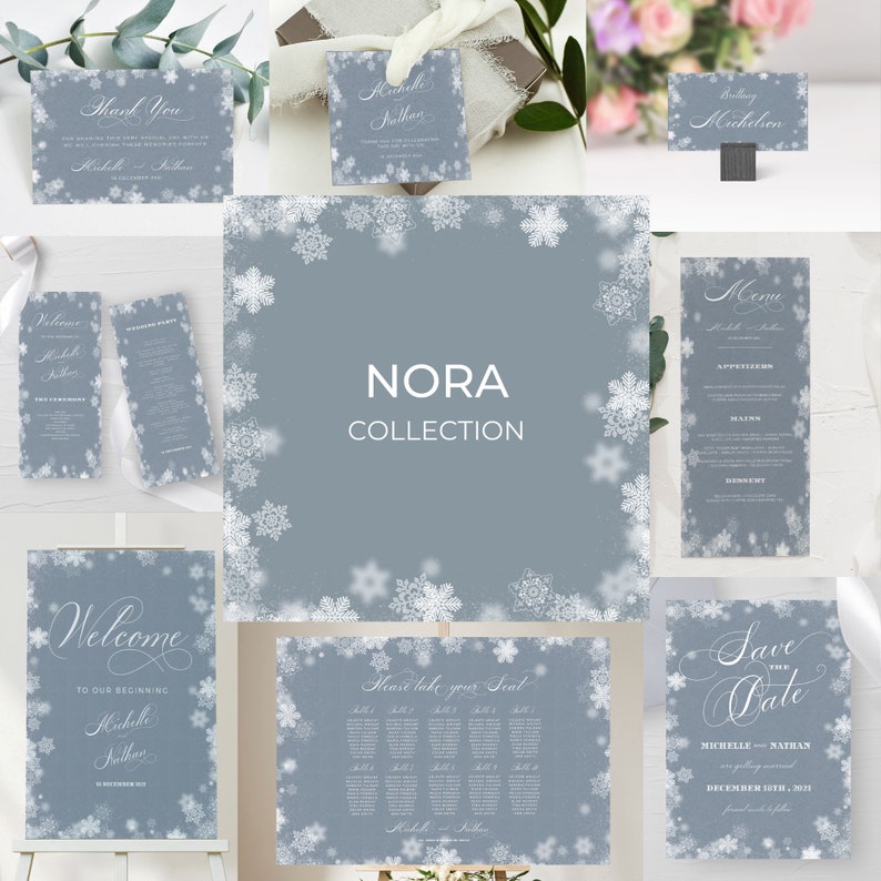 NORA Collection Winter Wonderland Wedding Invitation Suite, Editable Templates, Instant Download, Wedding Bundle, snowflakes, wedding set image 1