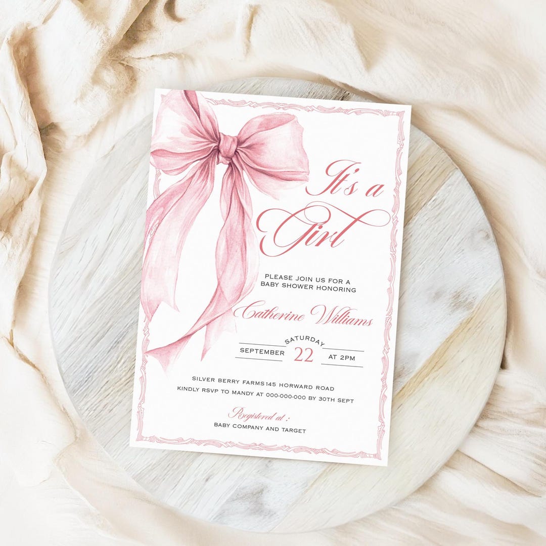 Pink Bow It's a Girl Baby Shower Invitation Template, Blush Pink ...