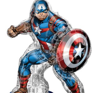 May include: Captain America balloon in a dynamic pose. The balloon features Captain America in his iconic blue, red, and white suit, holding his shield. The shield is red, white, and blue with a white star. The balloon is supported by a blue base with the Anagram logo.