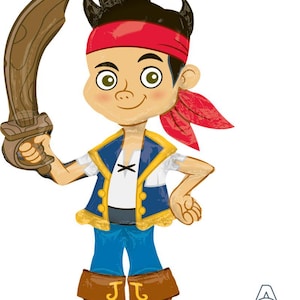 May include: A cartoon illustration of a young pirate holding a wooden sword. He wears a red bandana, a blue vest with gold trim, blue pants, and brown boots. The character has a cheerful expression and is ready for adventure.