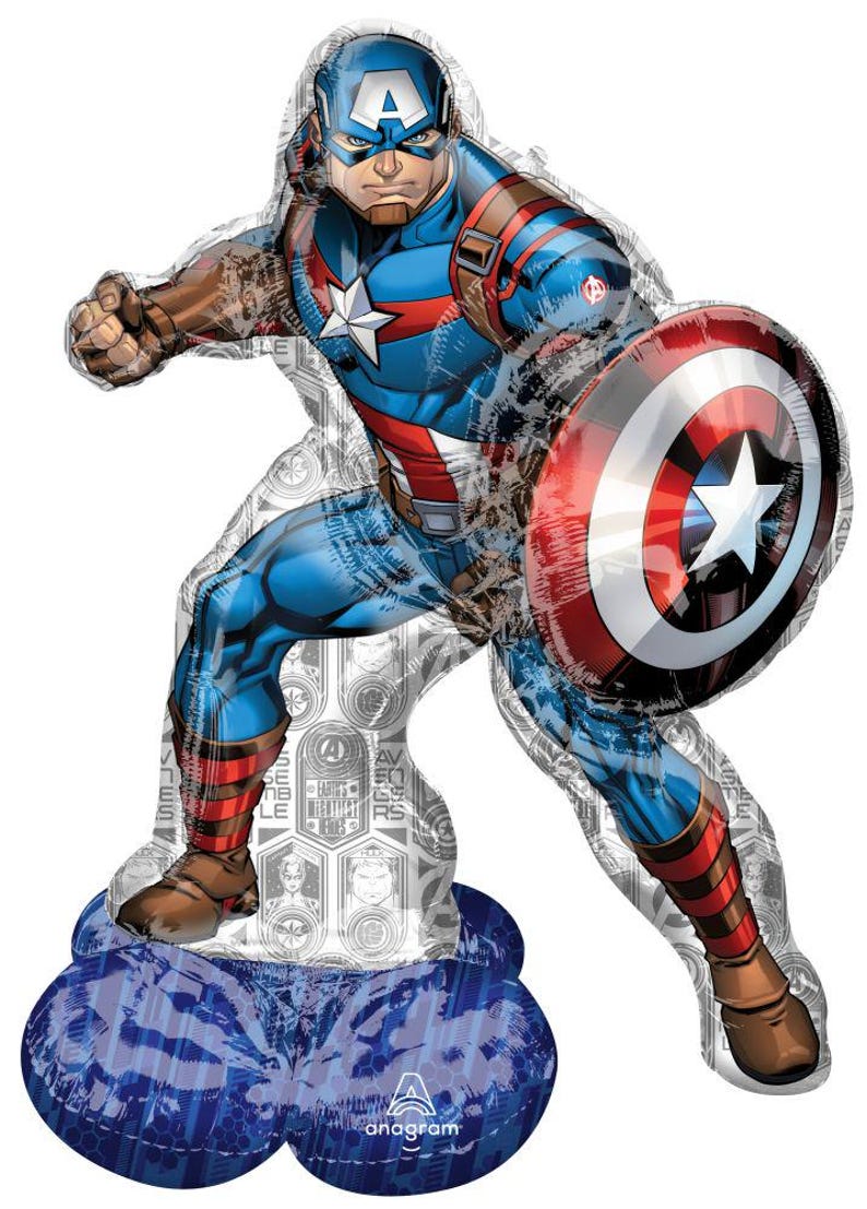 May include: Captain America balloon in a dynamic pose. The balloon features Captain America in his iconic blue, red, and white suit, holding his shield. The shield is red, white, and blue with a white star. The balloon is supported by a blue base with the Anagram logo.