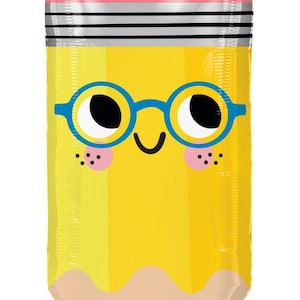 May include: A yellow pencil-shaped balloon with a pink eraser and a smiling face wearing blue glasses. The balloon has a light brown tip and the Anagram logo at the bottom.