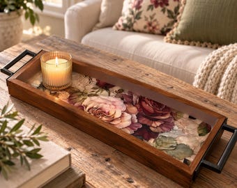 Bandeja de madeira floral com detalhes em rosa borgonha | Madeira escura | Decoração estilo fazenda 48 x 15 cm