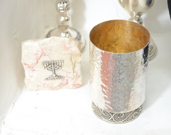 Kiddush Goblet, Hammered Wine Cup, Jewish Gift, Two Parts Silver Goblet, Made In Israel, Sterling Silver, Yemenite Filigree Art, Model070
