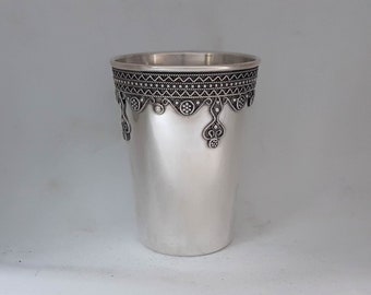 Kiddush Goblet, Legless Wine Cup, Jewish Gift, Decorative Hammered Goblet, Made In Israel, Sterling Silver, Yemenite Filigree Art, Model 130