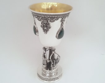 Beutiful Kiddush Goblet, Klezmer Wine Cup, Jewish Gift, Hammered Goblet, Made In Israel, Sterling Silver, Yemenite Filigree Art, Model099