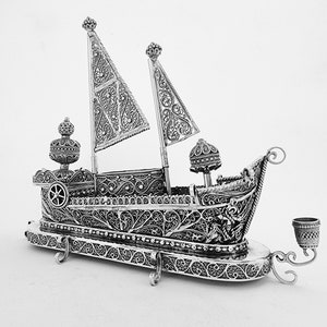 Unique ship Design Havdalah Set With menorah For Hanukkah, Handmade , Sterling Silver 925, Special Jewish Gift, Wedding Gift.