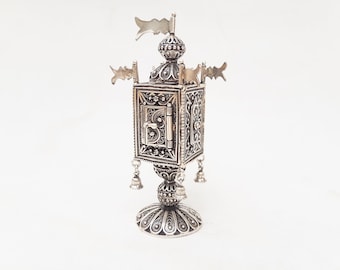 Flag And Bells Besamim box, Jewish Wedding gift, Judaica Gift, Havdalah box, Yemenite Art, Sterling Silver 925 Box, Made In Israel