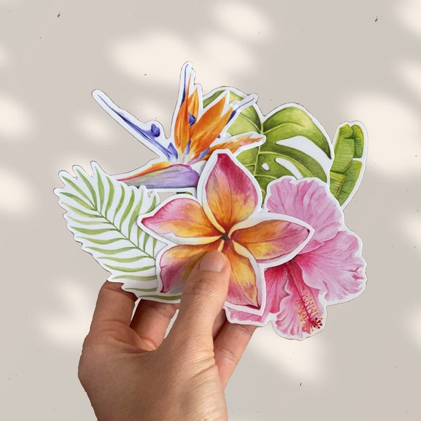 Tropical flowers and leaves vinyl TRANSPARENT or WHITE stickers -Nature sticker pack -laptop stickers -decor sticker -Waterproof sticker
