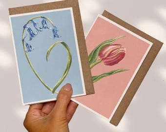 Frühlingsblumen Grußkarten | Botanisches Aquarell Briefpapier | Umweltfreundliches Blumenkarten-Set