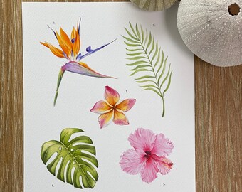 Tropical flowers and leaves Fine Art GLICEE PRINT - floral art print -  watercolour art print - wall décor- tropical collection - house gift