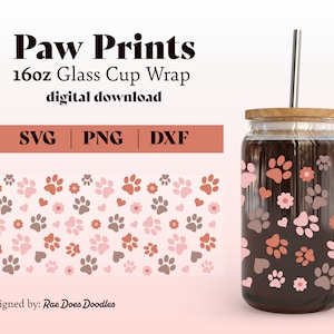Pootafdrukken SVG | 16oz glazen bekerverpakking | Hondenliefhebber | Naadloze SVG voor Libbey Glass Can | Glazen beker wrap huisdier patroon ontwerp