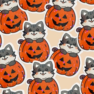 Cat in Halloween Pumpkin Glitter Sticker | Cute Kitty Halloween Sparkle Sticker | Fall Jack O Lantern Kitty Sticker