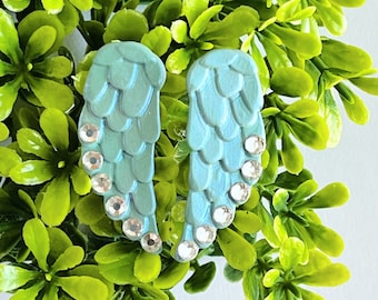 Mint  Rhinestone Angel Wing Studs | Polymer Clay | Statement Earrings | Heavenly Earrings | Hypoallergenic | Gift