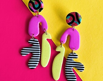 Bright Abstract Mixed Pattern Desiree Dangle Statement Earrings | Polymer Clay | Oversized Earrings | Modern Earrings | Striped Earrings
