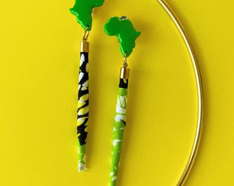 Clip-on Green Uzuri Earrings | Africa & Ankara Fabric Bead Dangle Polymer Clay Earrings | Statement Earrings | Ankara Earrings | Handmade