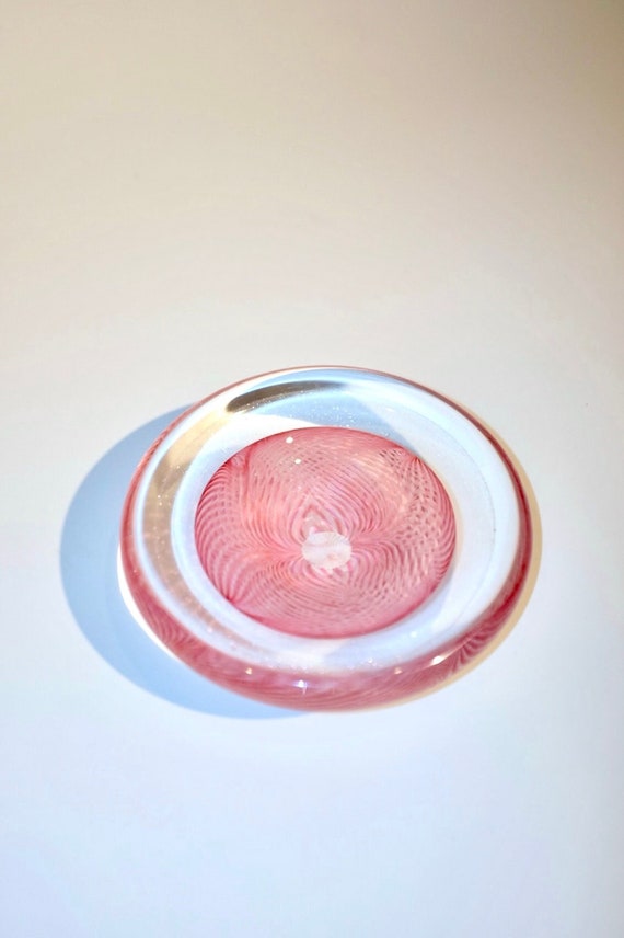 Pink and Clear Sparkly Feather Art Glass Dish