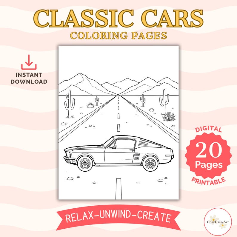 Classic Car Coloring Pages for Adults | Vintage Muscle Cars | Gift for ...