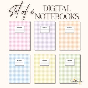 May include: Set of six digital notebooks with pastel gingham covers in pink, purple, peach, blue, yellow, and green. Each notebook has a white label that says "My Notes". The words "Digital Notebooks" are at the top.
