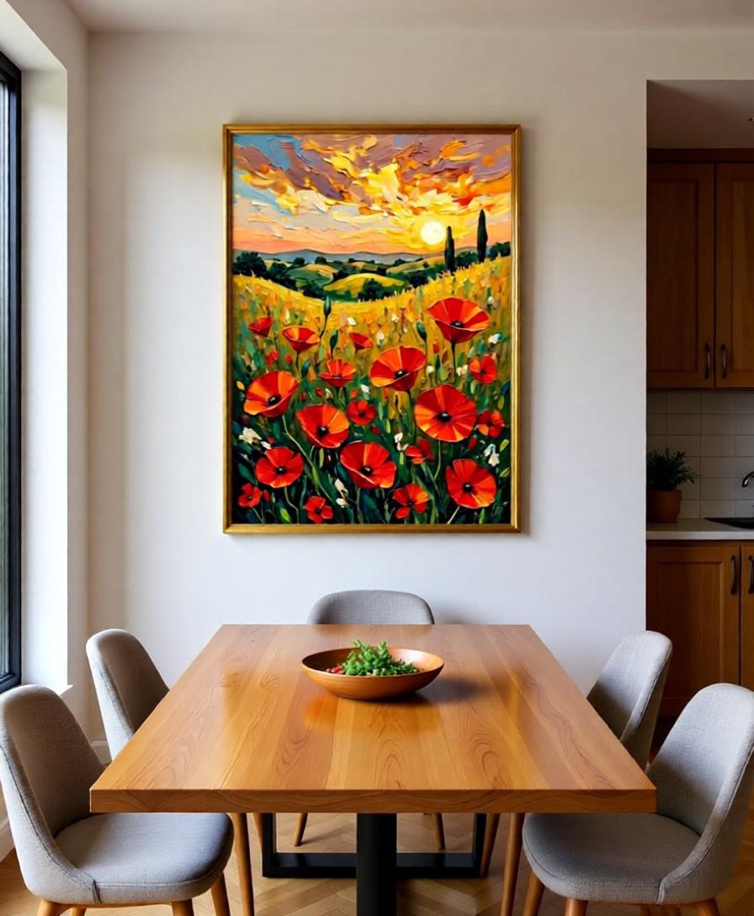 Red Poppy Field Oil Painting Print | Tuscany Sunset Landscape Wall Art ...