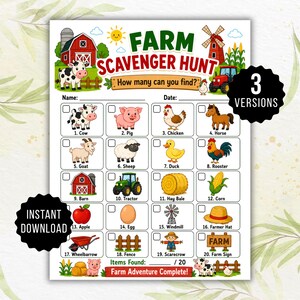 Könnte beinhalten: Ein Farm-Schnitzeljagd-Arbeitsblatt mit einem Raster aus zwanzig nummerierten Illustrationen, darunter eine Kuh, ein Schwein, ein Huhn, ein Pferd, eine Ziege, ein Schaf, eine Ente, ein Hahn, eine Scheune, ein Traktor, ein Heuballen, Mais und ein Schild.