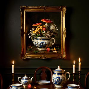 Puede incluir: Pintura enmarcada de un bodegón con un cuenco de porcelana azul y blanca lleno de setas. La pintura está en un marco dorado y ornamentado. Una mesa está puesta con un juego de té a juego, velas y una silla de madera.