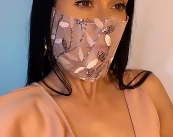Bridal Mask Anti fog With Sequin Embellishments With All In One Adjustable Ear And Neck Strap PATENT PENDING