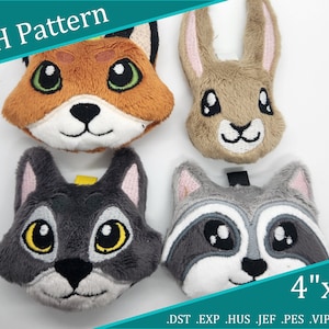 May include: Four plush animal head embroidery patterns, including a fox, rabbit, wolf, and raccoon. Each pattern is 4 inches by 4 inches and available in DST, EXP, HUS, JEF, PES, VIP, and XXX formats.