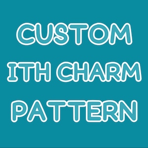 May include: A teal blue background with white outlined text that reads "CUSTOM ITH CHARM PATTERN". The text is in a playful, rounded font.  The background is decorated with a repeating pattern of stylized feathers with paw prints on them.