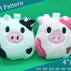 May include: Two plush toys, a cow and a pig, are 4 inches by 4 inches. The cow is white with black spots and a pink nose. The pig is pink with a pink nose and a strawberry design. Both toys have a loop for hanging.