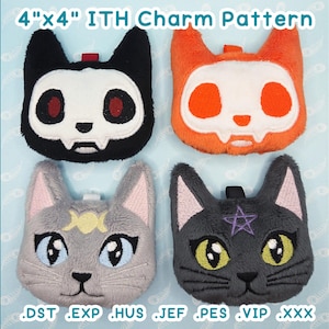 May include: Four plush cat head charms measuring 4 inches by 4 inches. Top left is black with a white skull face. Top right is orange with a white skull face. Bottom left is gray with a yellow moon symbol. Bottom right is dark gray with a purple star.