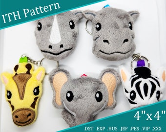 Safari Animal Plushie Charm ITH Digital Patterns ~ Elephant - Giraffe - Hippo - Rhino - Zebra ~